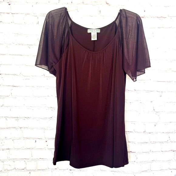 Vintage Suzie Wms L Brown Jersey Knit Tunic Top Sheer Flared Sleeves - Picture 1 of 8